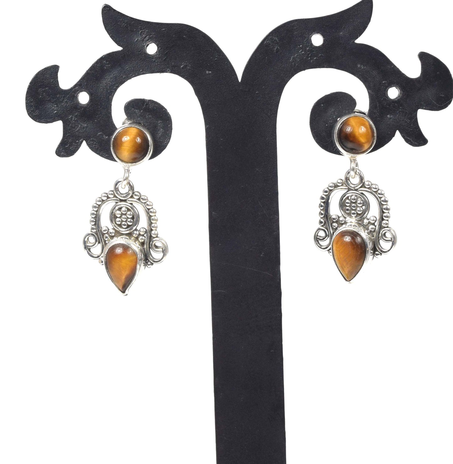 925 Solid Sterling Silver Tiger Eye Stud Earring -1.3 inch