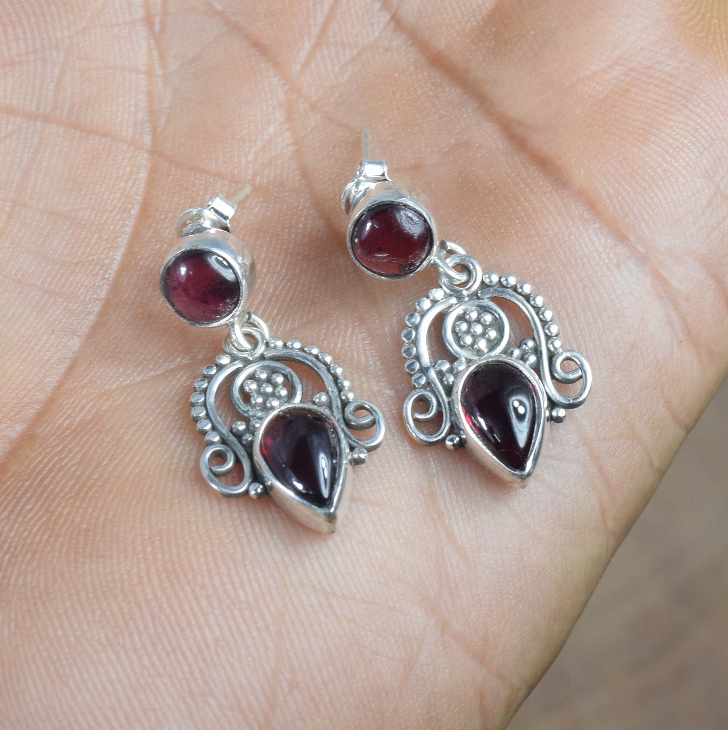 925 Solid Sterling Silver Red Garnet Stud Earring -1.3 inch