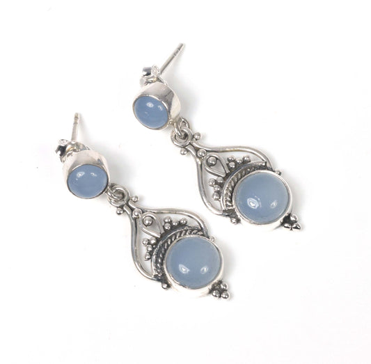925 Solid Sterling Silver Blue Chalcedony Stud Earring -1.5 inch