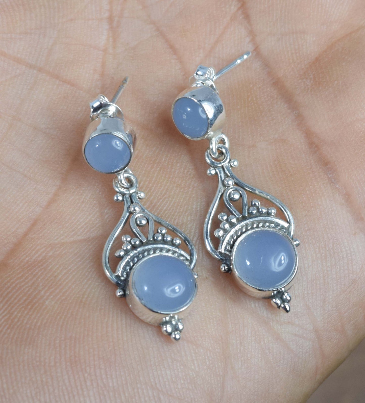 925 Solid Sterling Silver Blue Chalcedony Stud Earring -1.5 inch