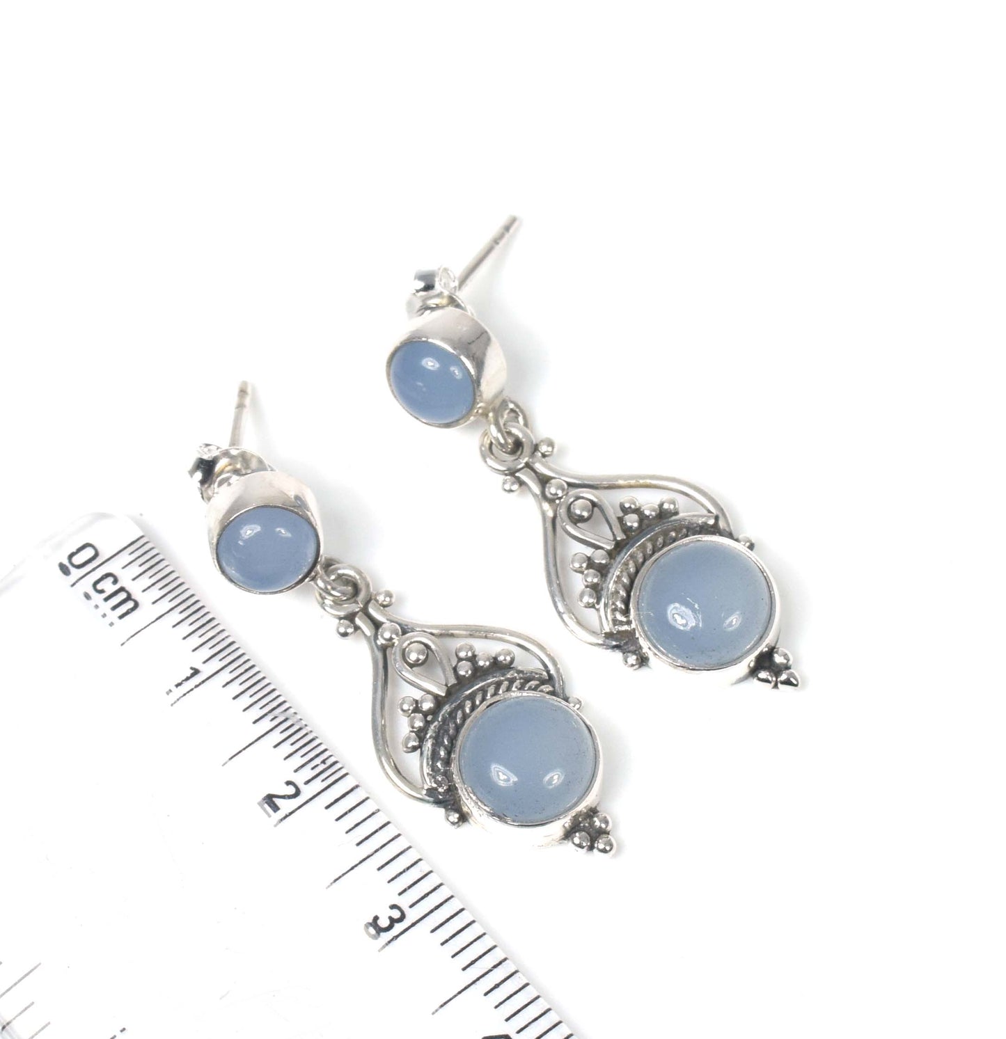 925 Solid Sterling Silver Blue Chalcedony Stud Earring -1.5 inch