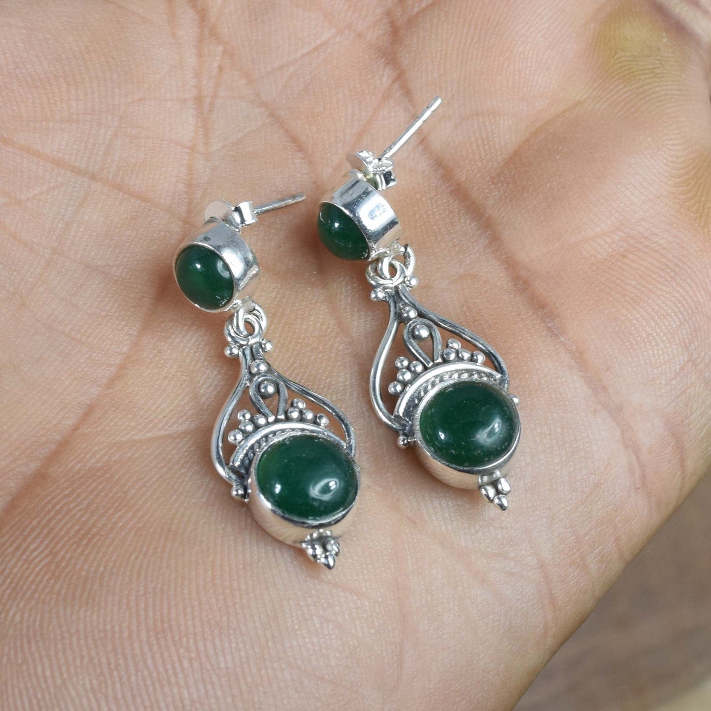 925 Solid Sterling Silver Green Onyx Stud Earring -1.5 inch