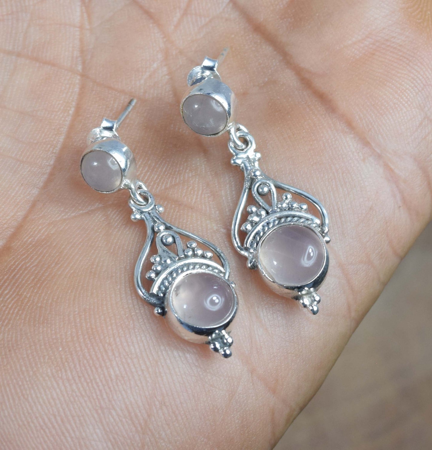 925 Solid Sterling Silver Pink Rose Quartz Stud Earring -1.5 inch