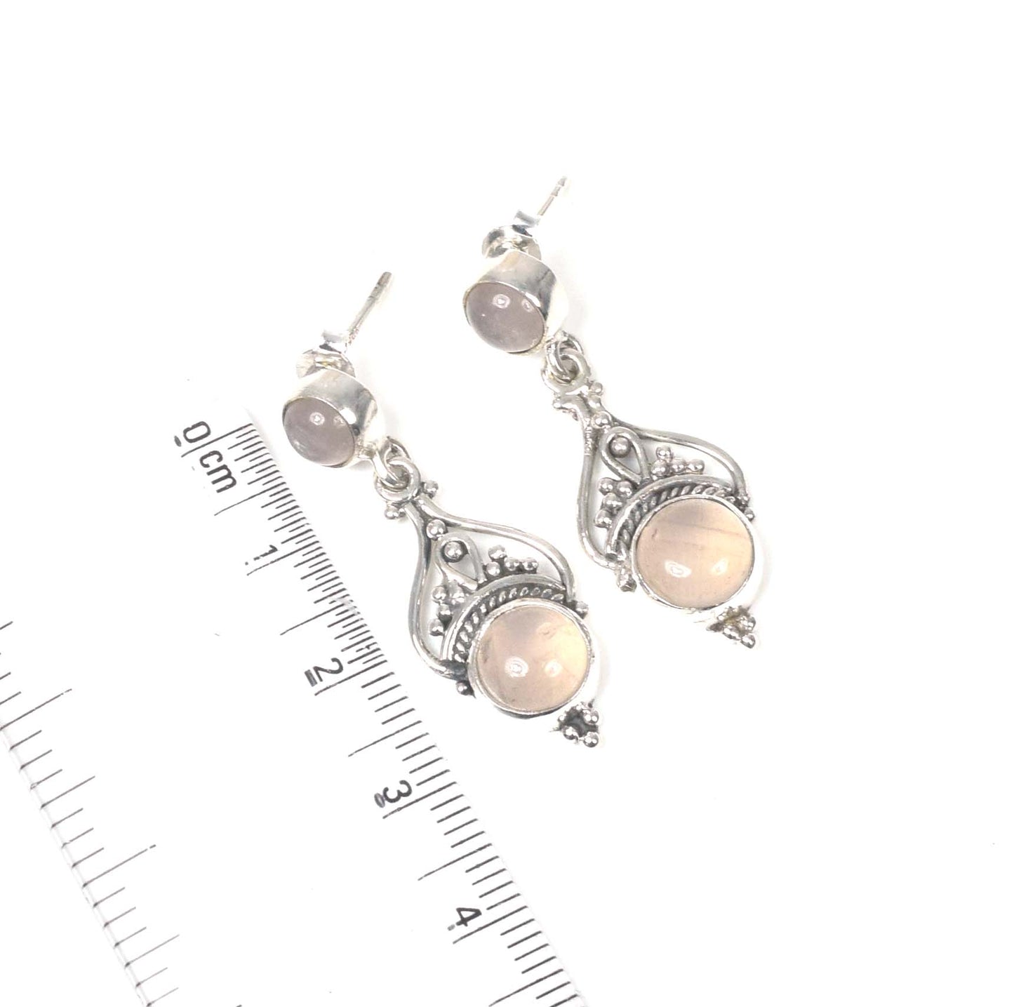 925 Solid Sterling Silver Pink Rose Quartz Stud Earring -1.5 inch
