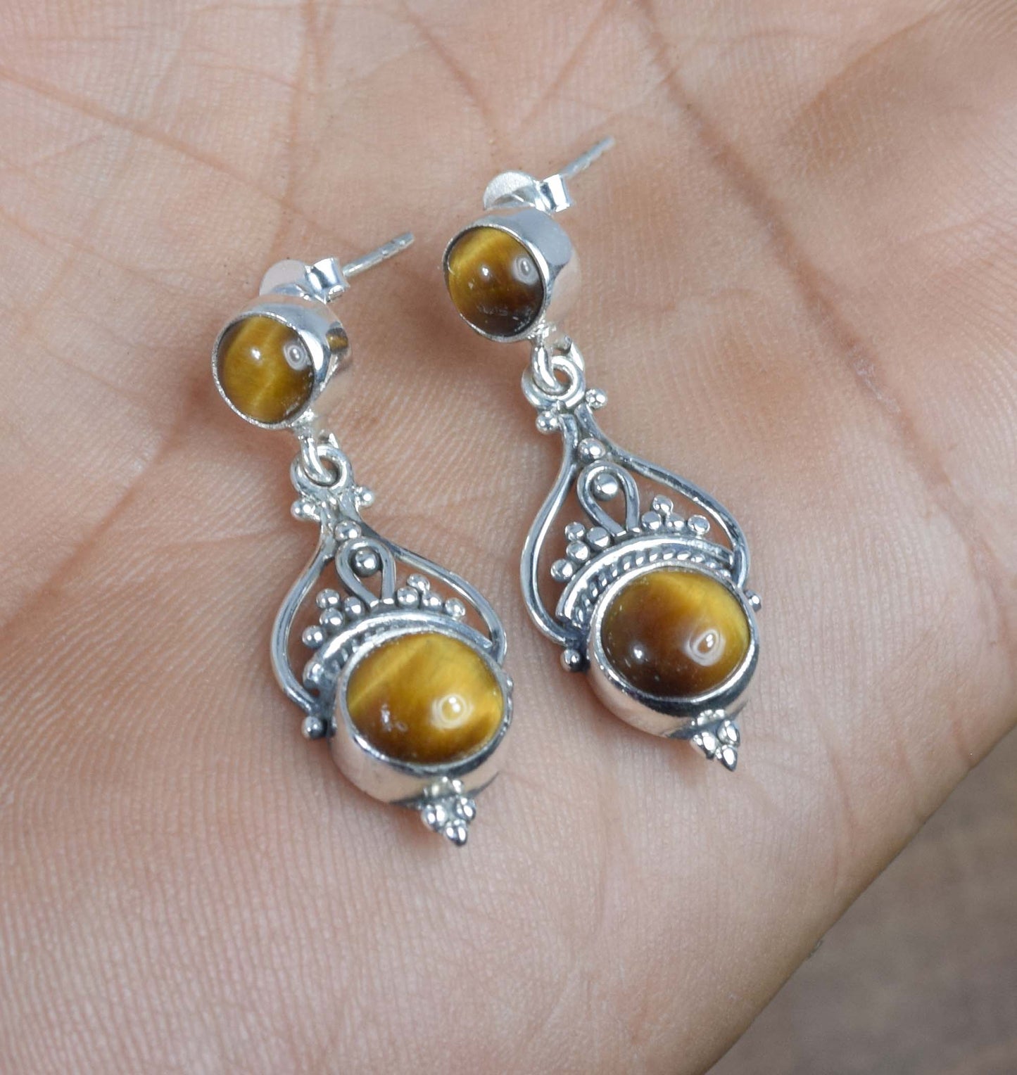 925 Solid Sterling Silver Tiger Eye Stud Earring -1.5 inch