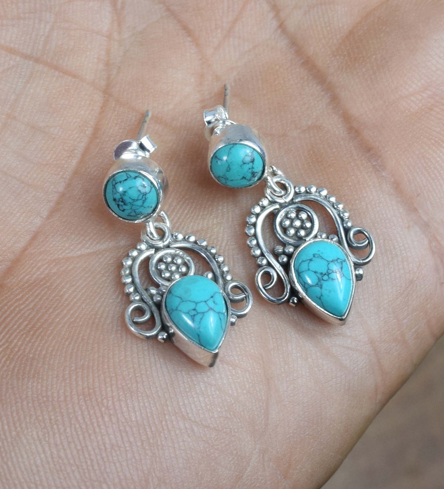 925 Solid Sterling Silver Blue Turquoise Stud Earring -1.3 inch