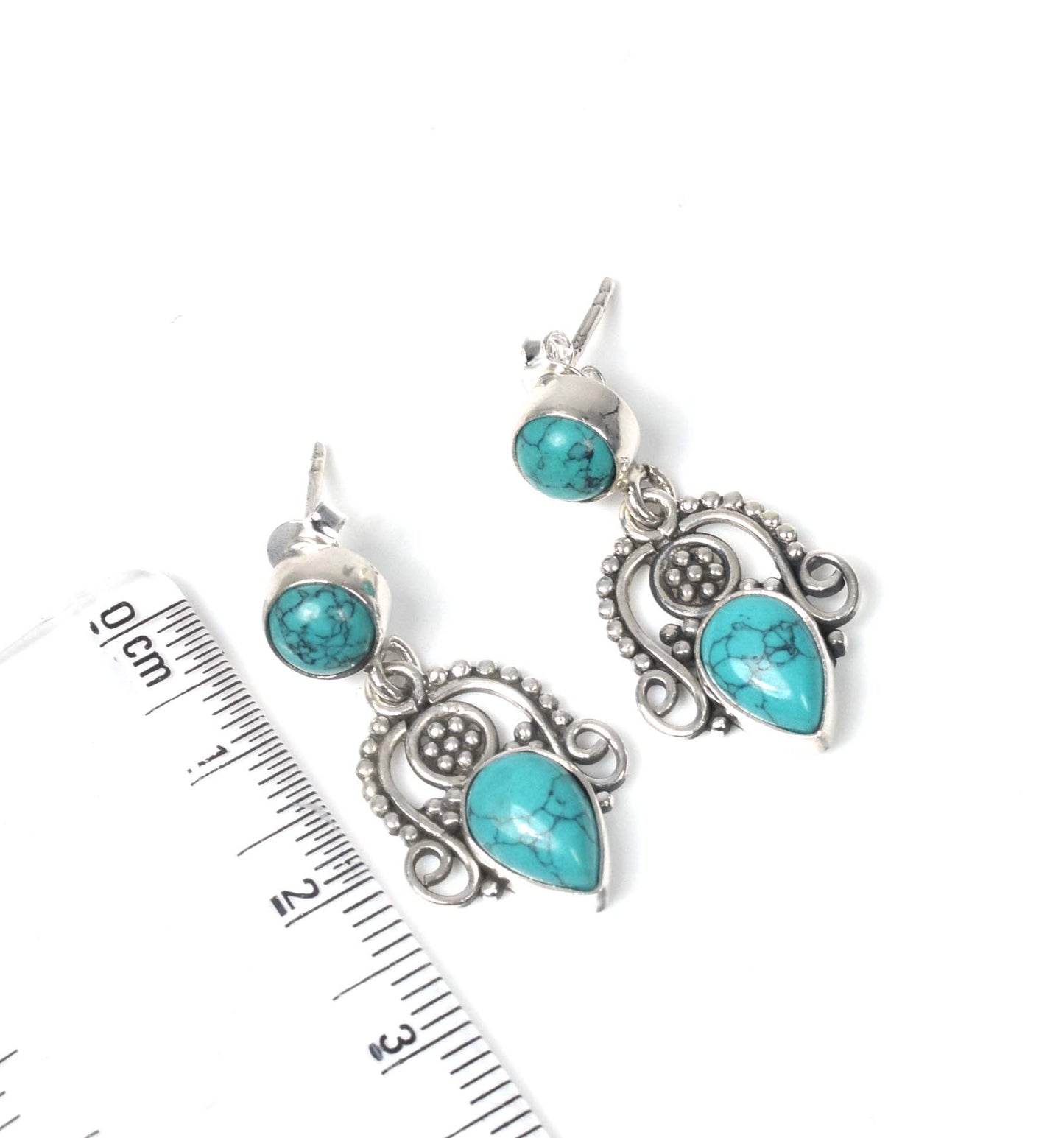 925 Solid Sterling Silver Blue Turquoise Stud Earring -1.3 inch