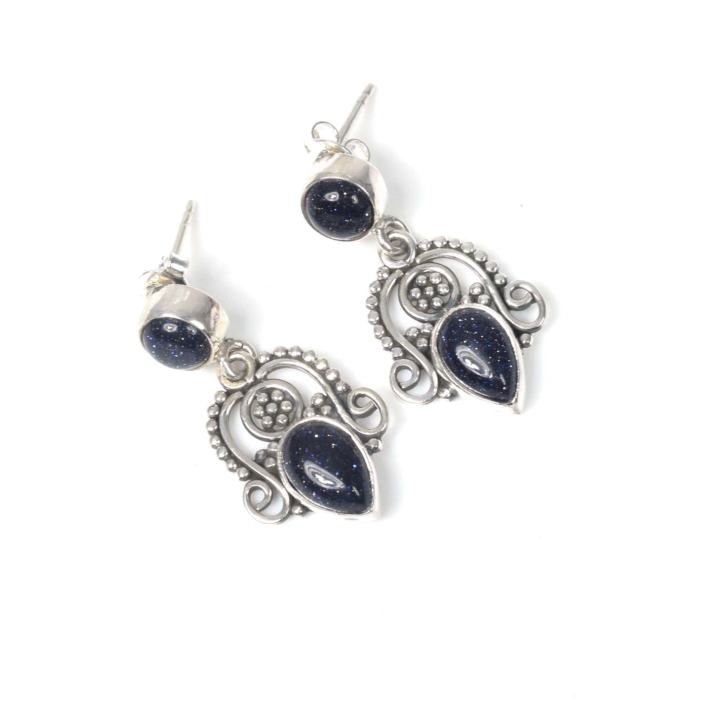 925 Solid Sterling Silver Blue Sunstone Stud Earring -1.3 inch