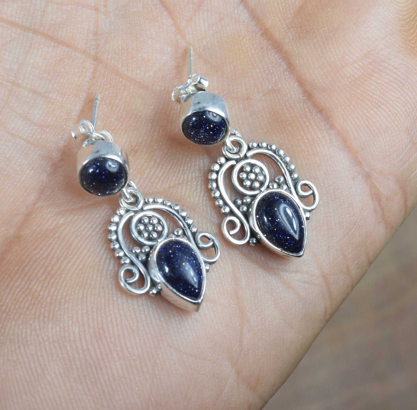 925 Solid Sterling Silver Blue Sunstone Stud Earring -1.3 inch