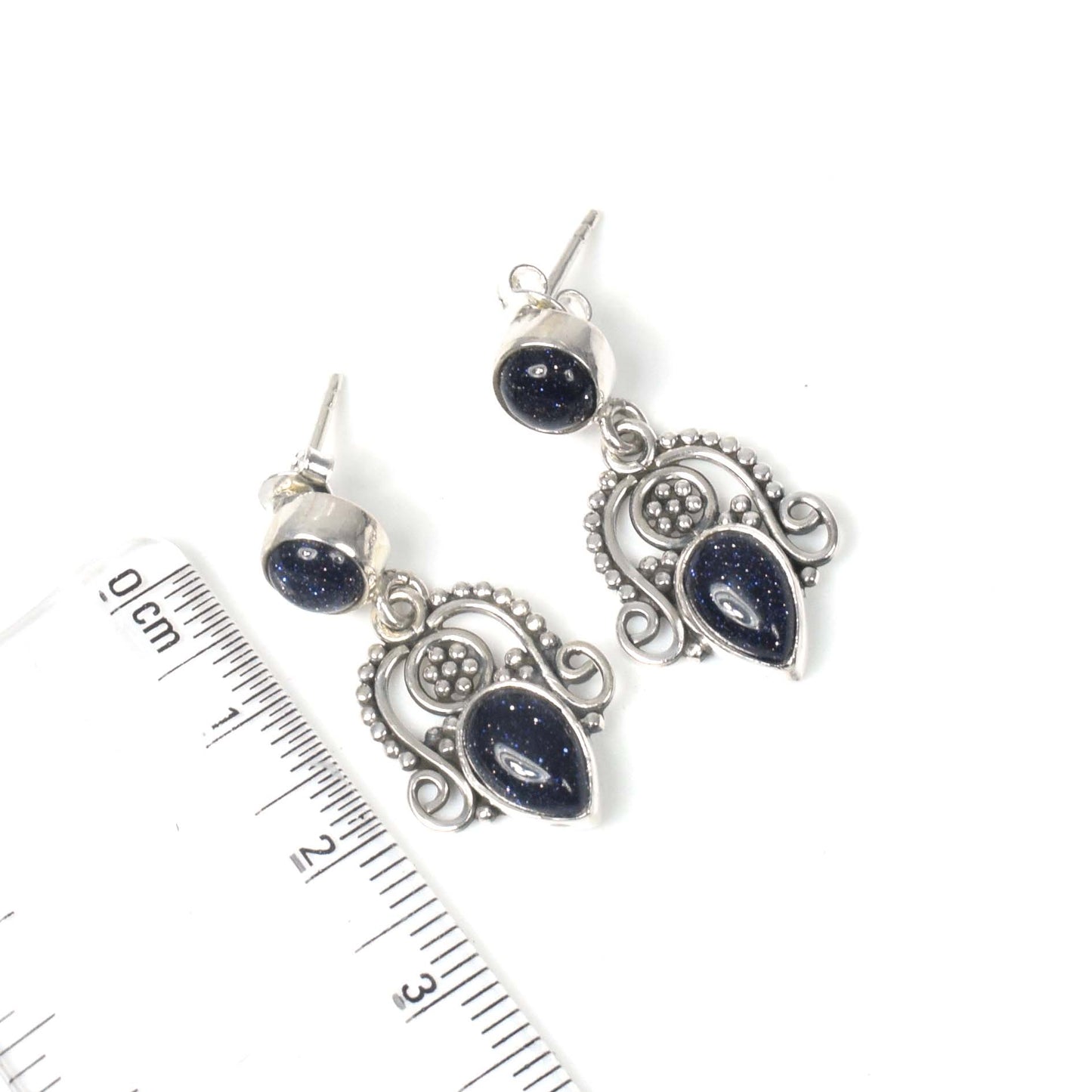 925 Solid Sterling Silver Blue Sunstone Stud Earring -1.3 inch