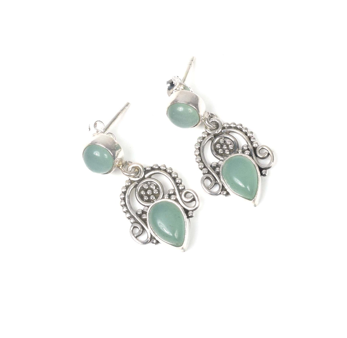 925 Solid Sterling Silver Aqua Chalcedony Stud Earring -1.3 inch