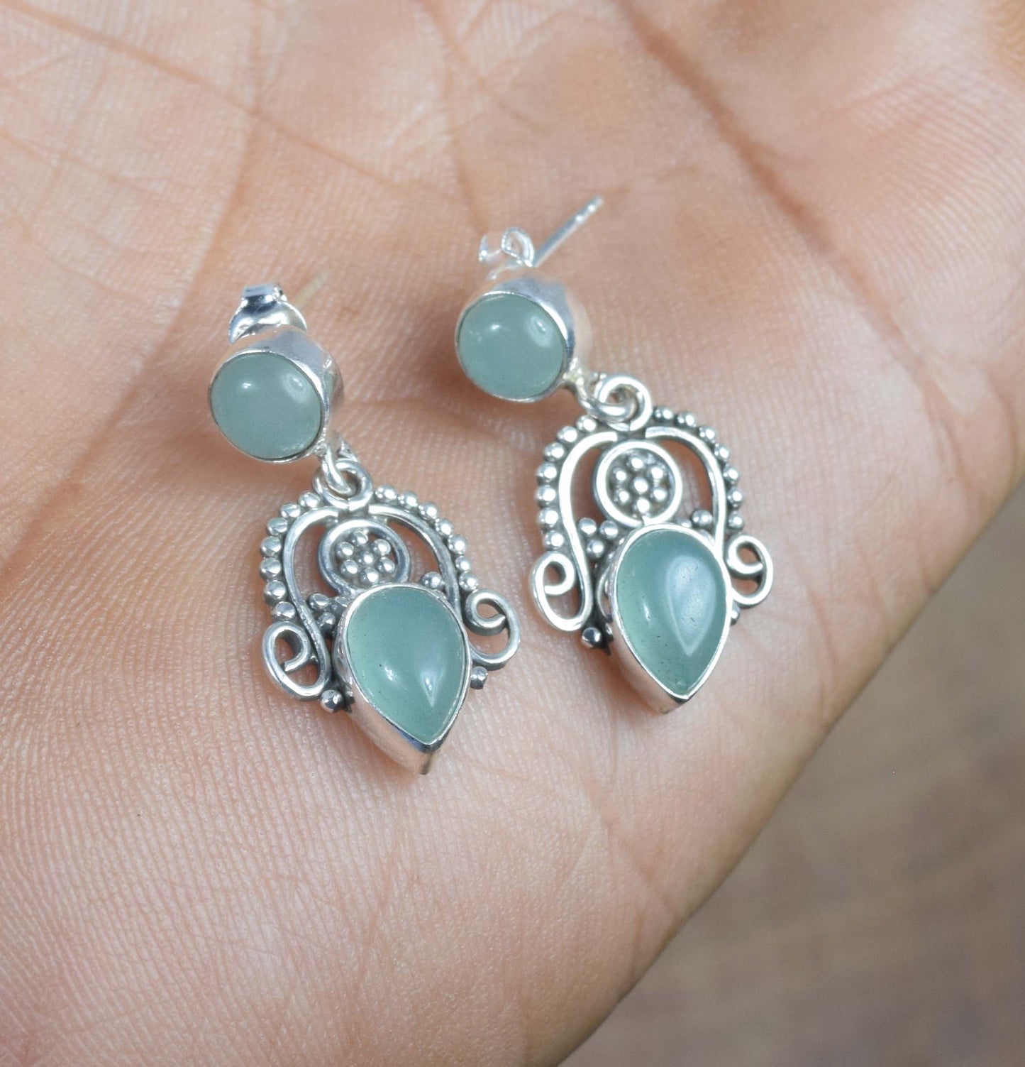 925 Solid Sterling Silver Aqua Chalcedony Stud Earring -1.3 inch