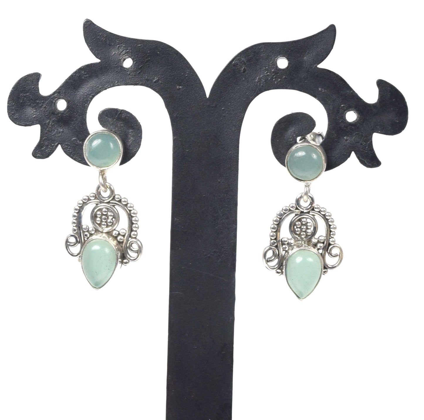 925 Solid Sterling Silver Aqua Chalcedony Stud Earring -1.3 inch