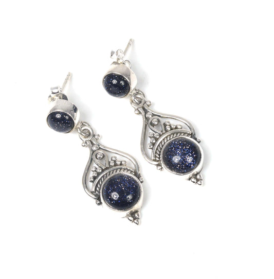 925 Solid Sterling Silver Blue Sunstone Stud Earring -1.5 inch