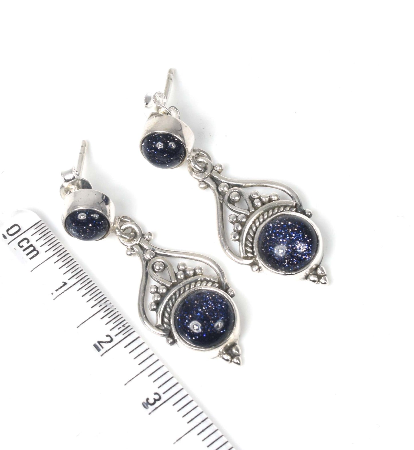 925 Solid Sterling Silver Blue Sunstone Stud Earring -1.5 inch