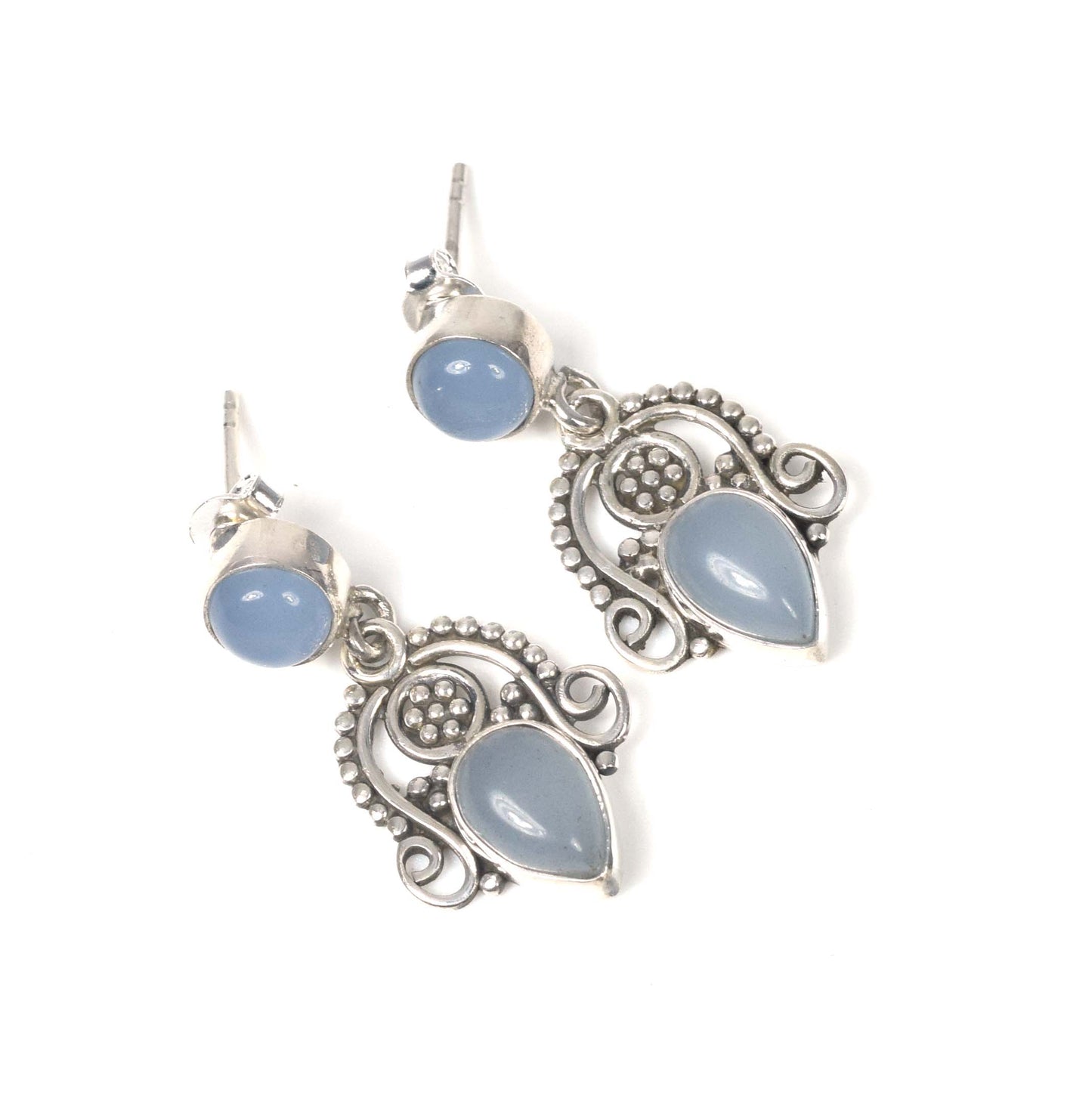 925 Solid Sterling Silver Blue Chalcedony Stud Earring -1.3 inch