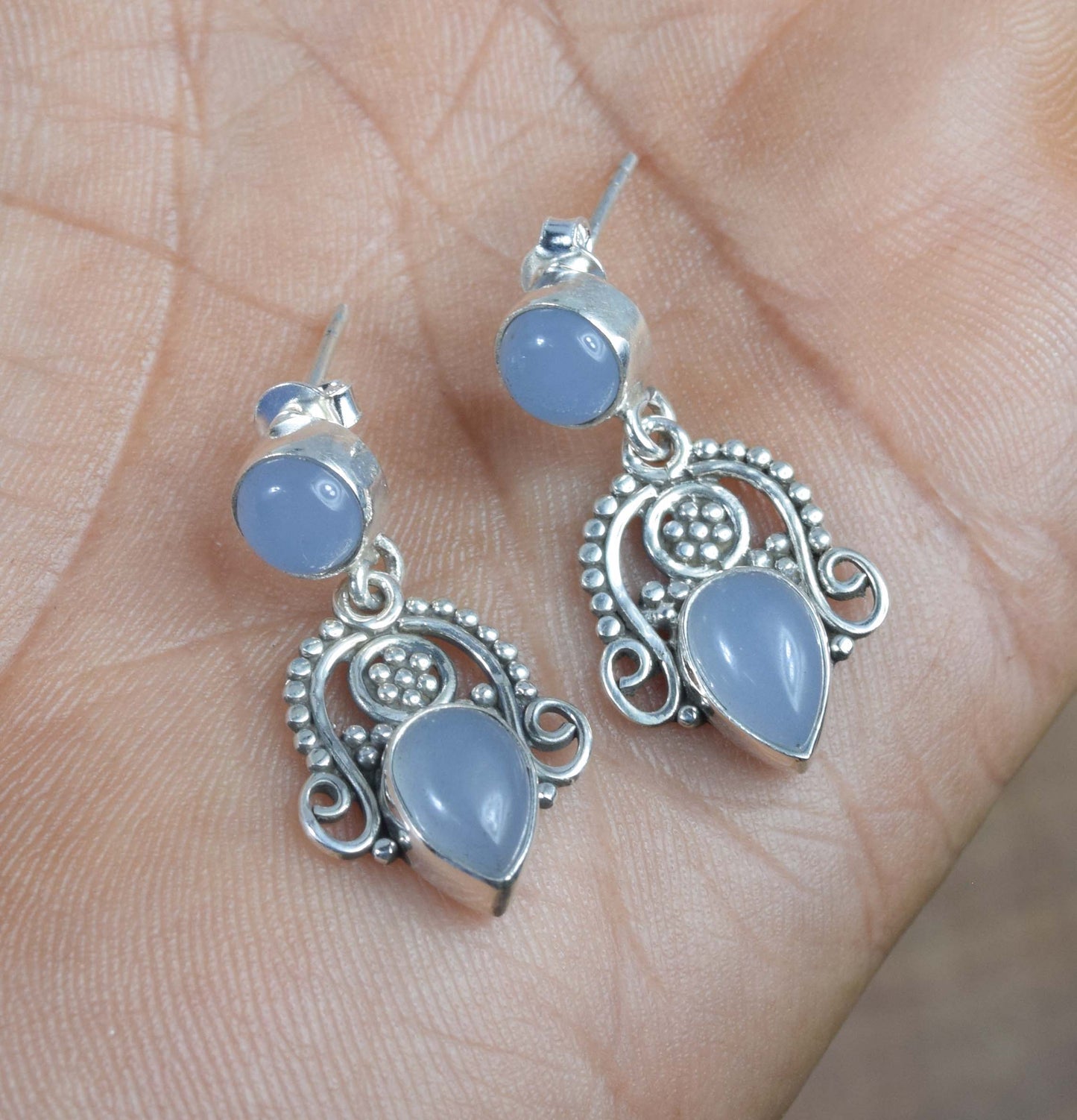 925 Solid Sterling Silver Blue Chalcedony Stud Earring -1.3 inch