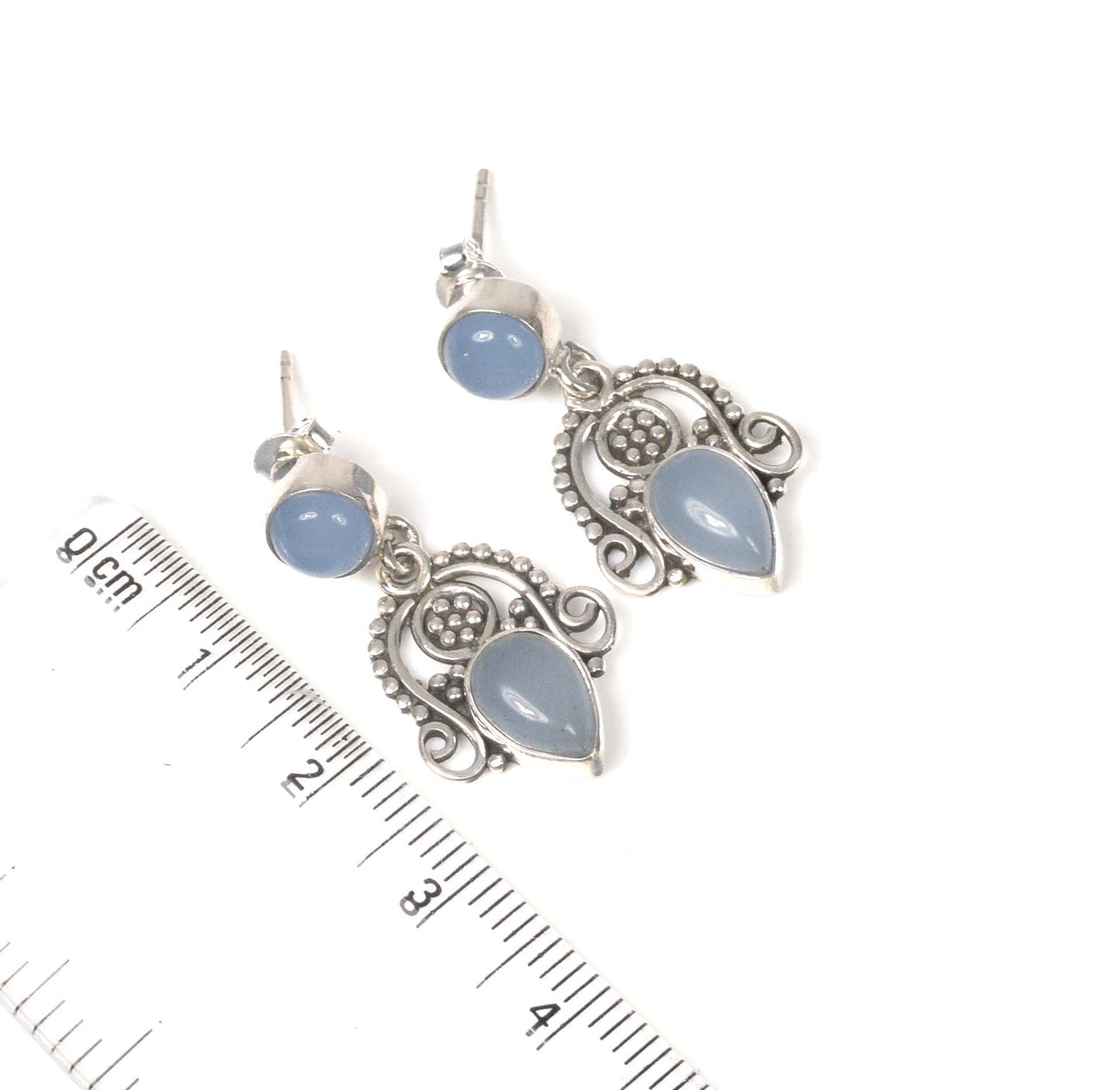 925 Solid Sterling Silver Blue Chalcedony Stud Earring -1.3 inch