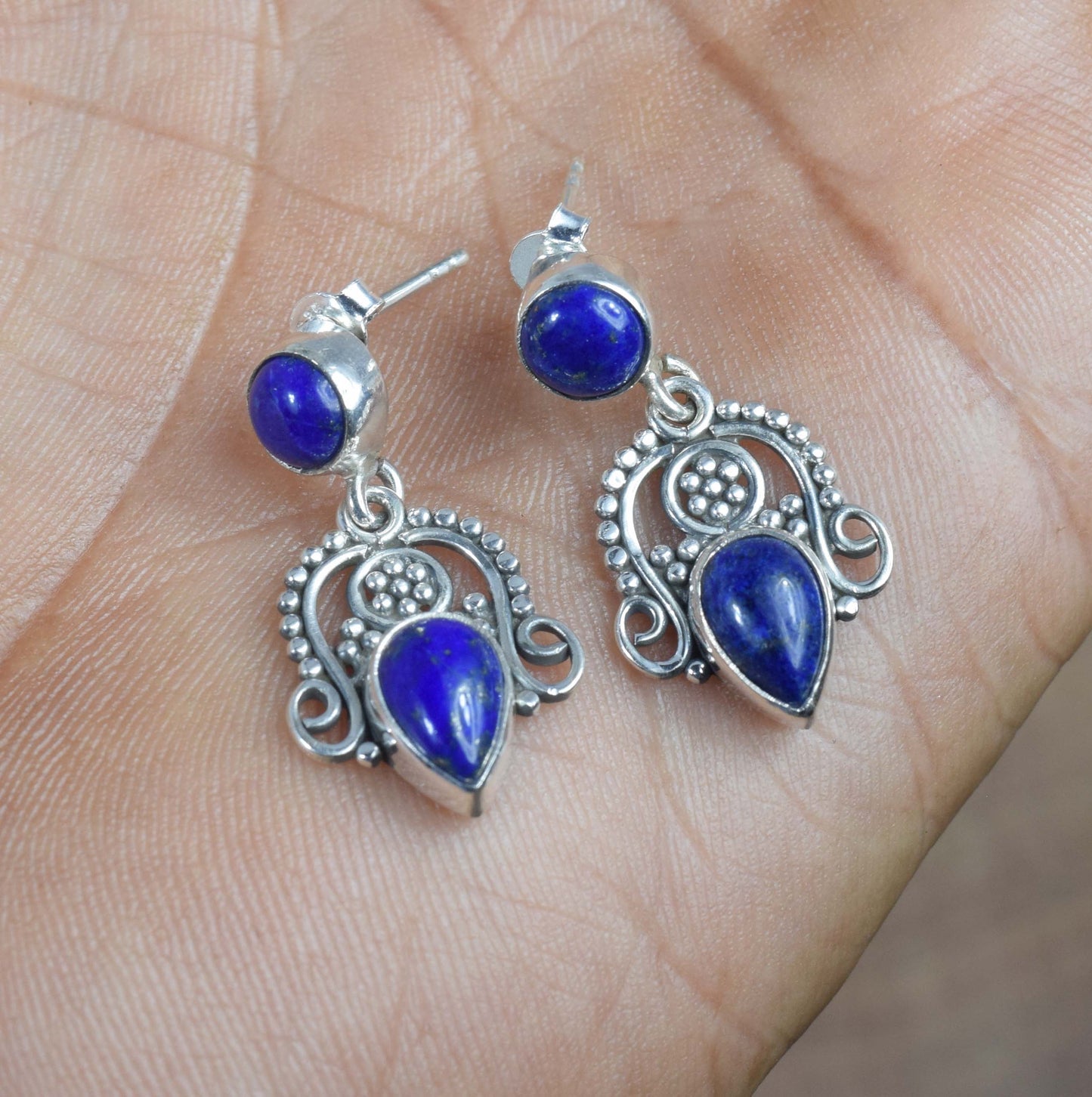 925 Solid Sterling Silver Blue Lapis Lazuli Stud Earring -1.3 inch