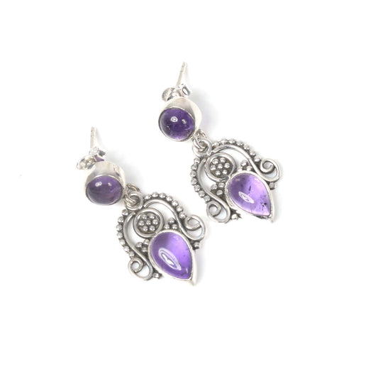 925 Solid Sterling Silver Purple Amethyst Stud Earring -1.3 inch