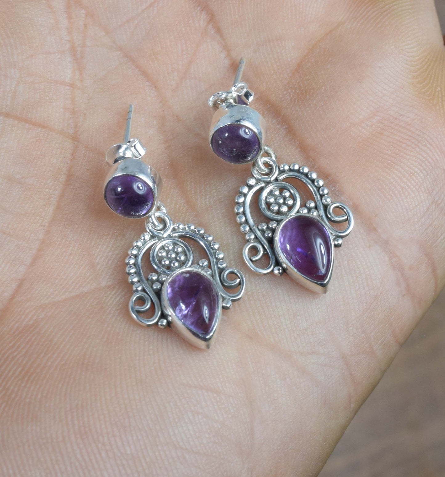 925 Solid Sterling Silver Purple Amethyst Stud Earring -1.3 inch