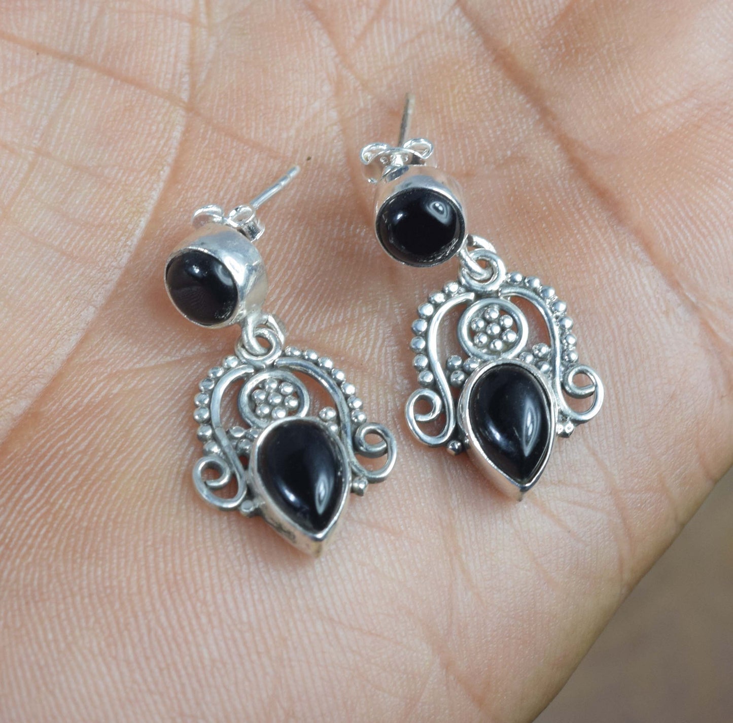 925 Solid Sterling Silver Black Onyx Stud Earring -1.3 inch