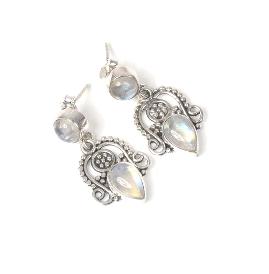 925 Solid Sterling Silver White Rainbow Moonstone Stud Earring -1.3 inch