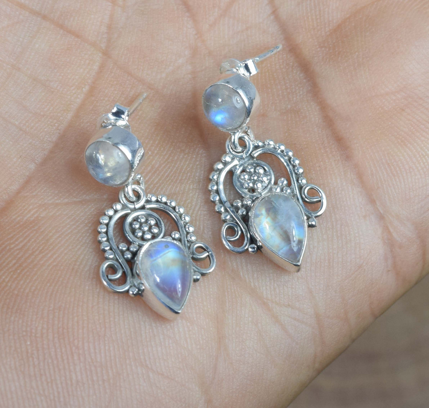 925 Solid Sterling Silver White Rainbow Moonstone Stud Earring -1.3 inch