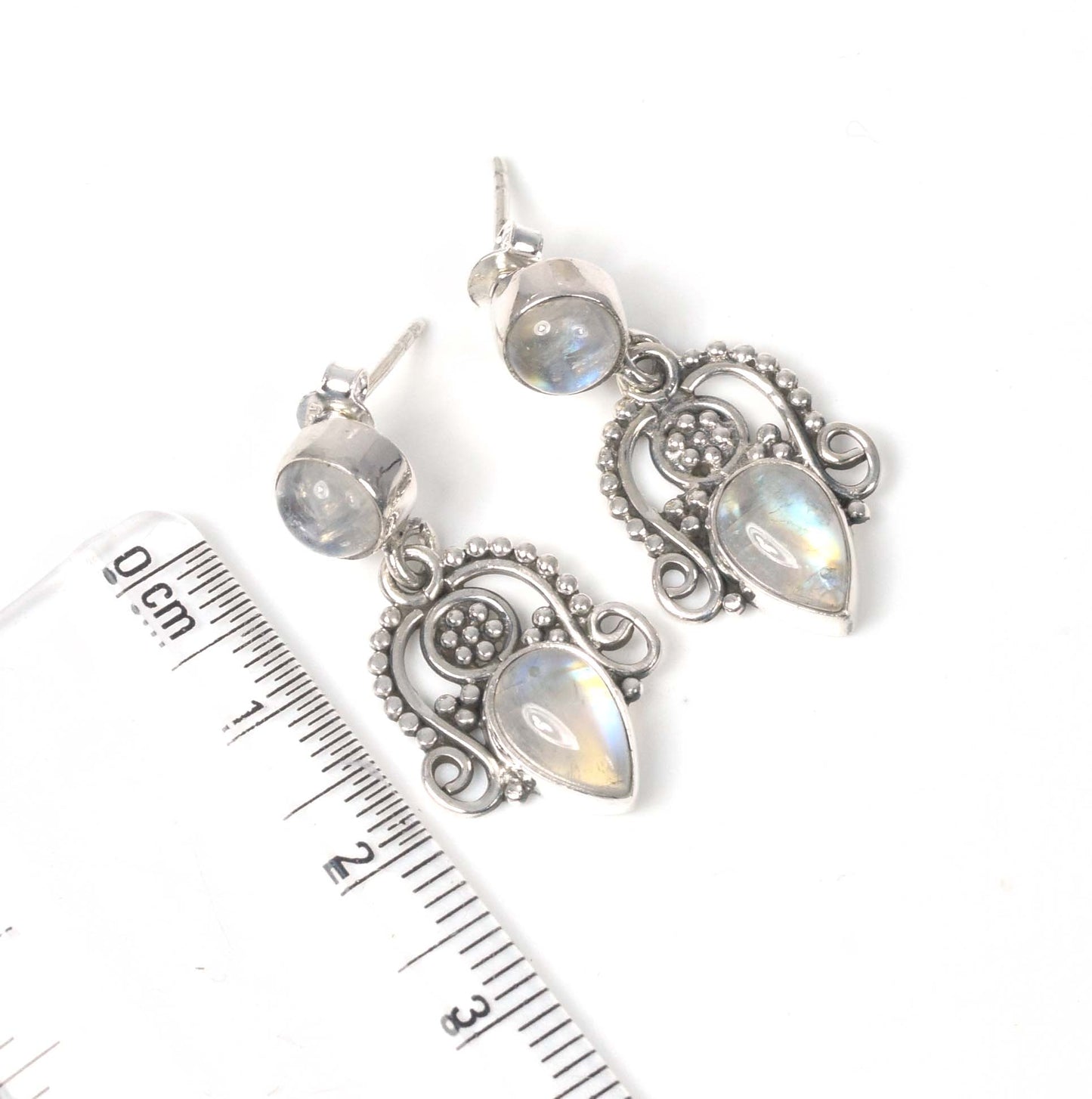 925 Solid Sterling Silver White Rainbow Moonstone Stud Earring -1.3 inch