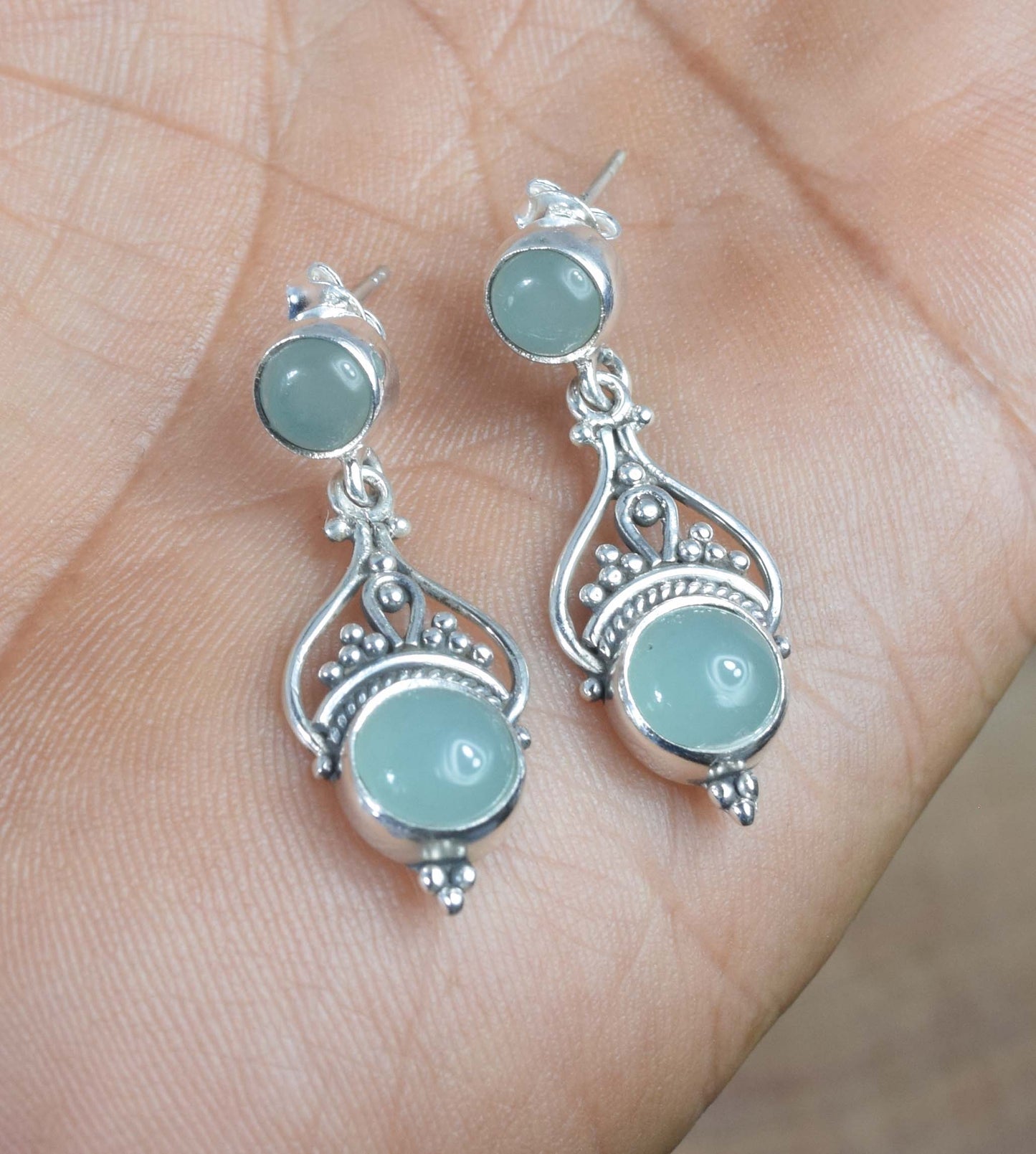 925 Solid Sterling Silver Aqua Chalcedony Stud Earring -1.5 inch