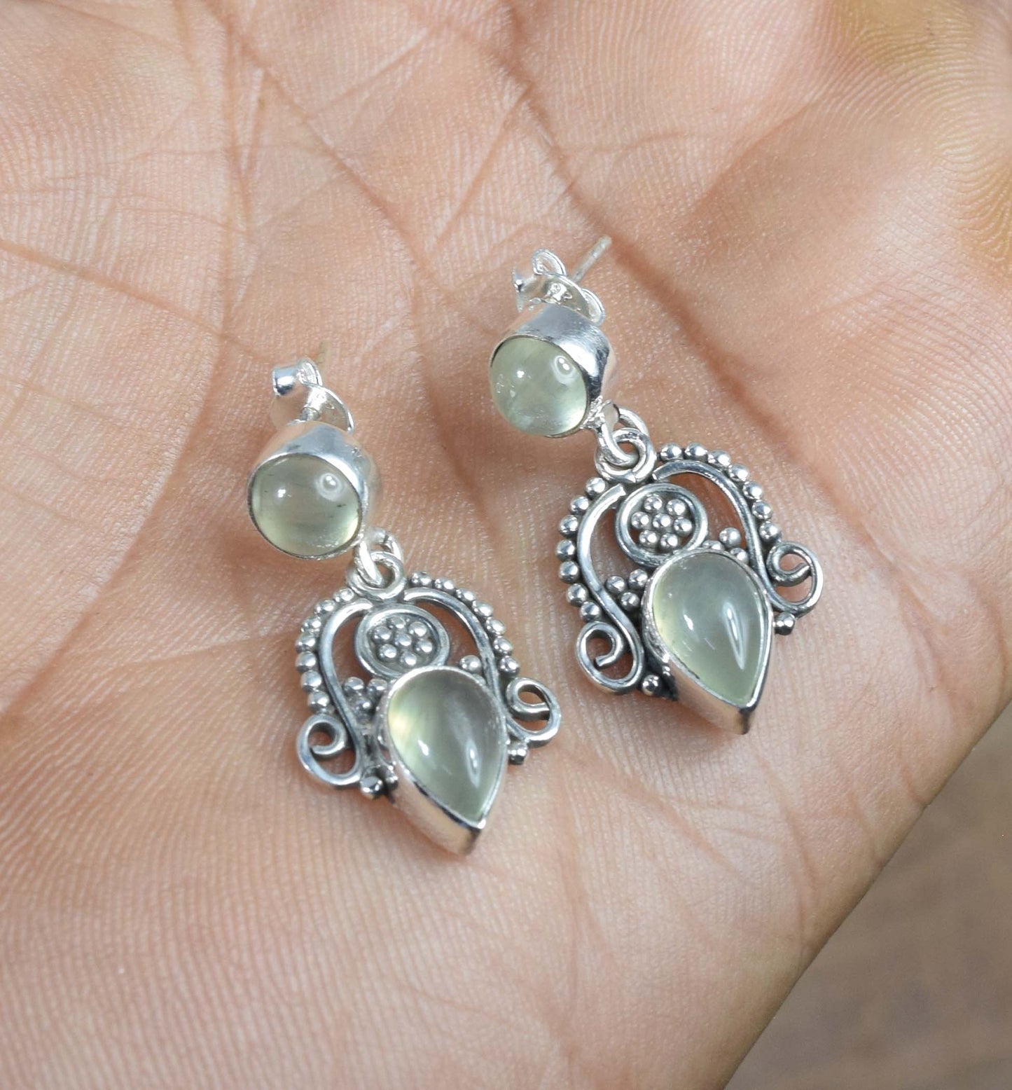 925 Solid Sterling Silver Green Prehnite Stud Earring -1.5 inch