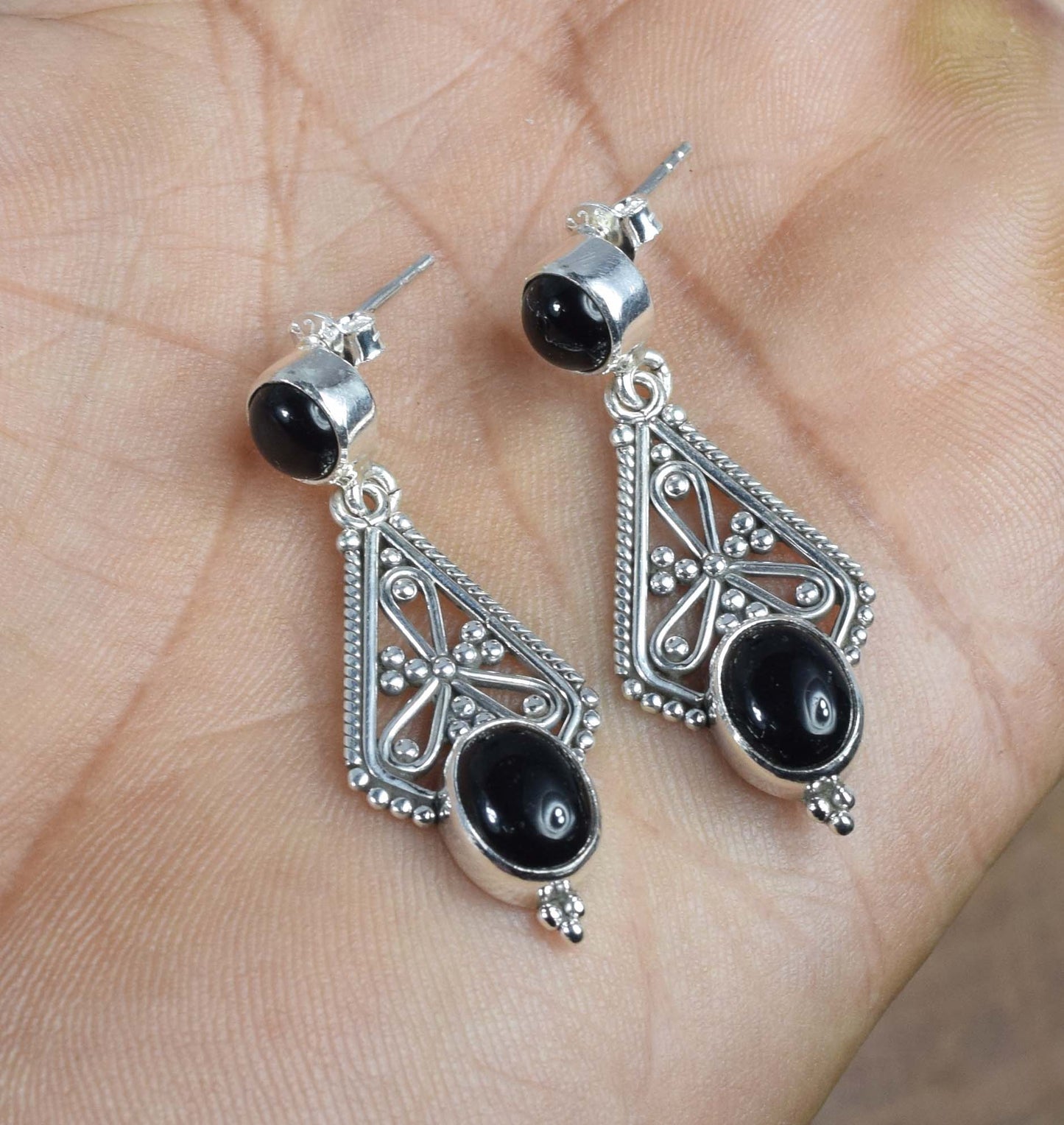 925 Solid Sterling Silver Black Onyx Stud Earring -1.6 inch