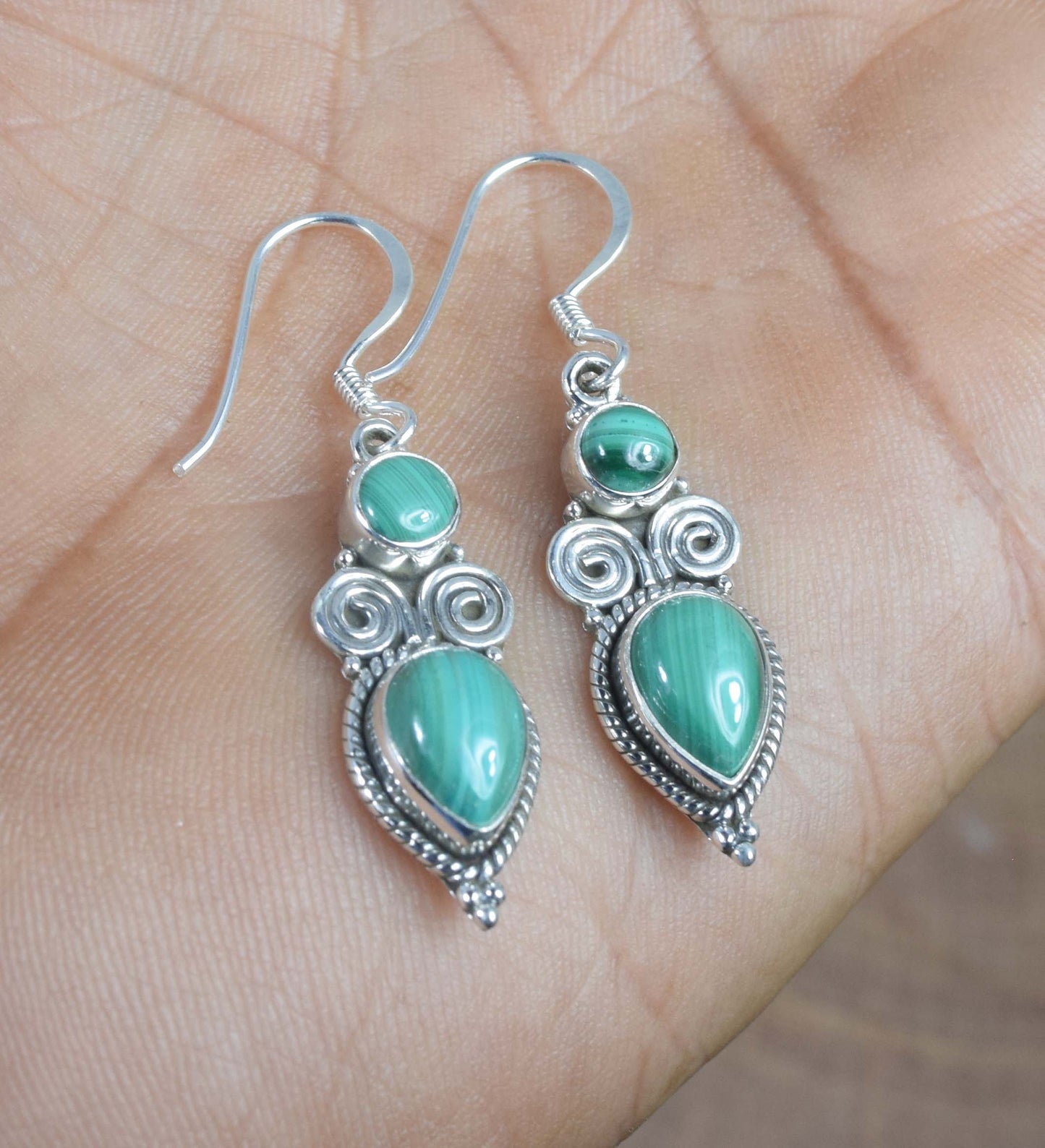 925 Solid Sterling Silver Green Malachite Hook Earring -1.5 inch