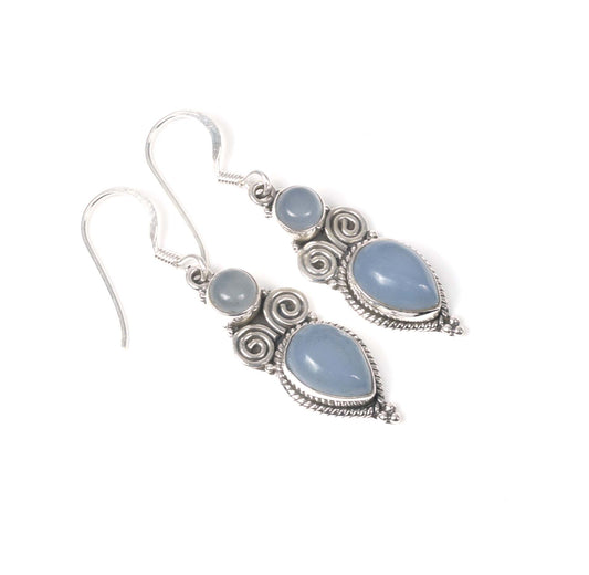 925 Solid Sterling Silver Blue Chalcedony Hook Earring -1.5 inch