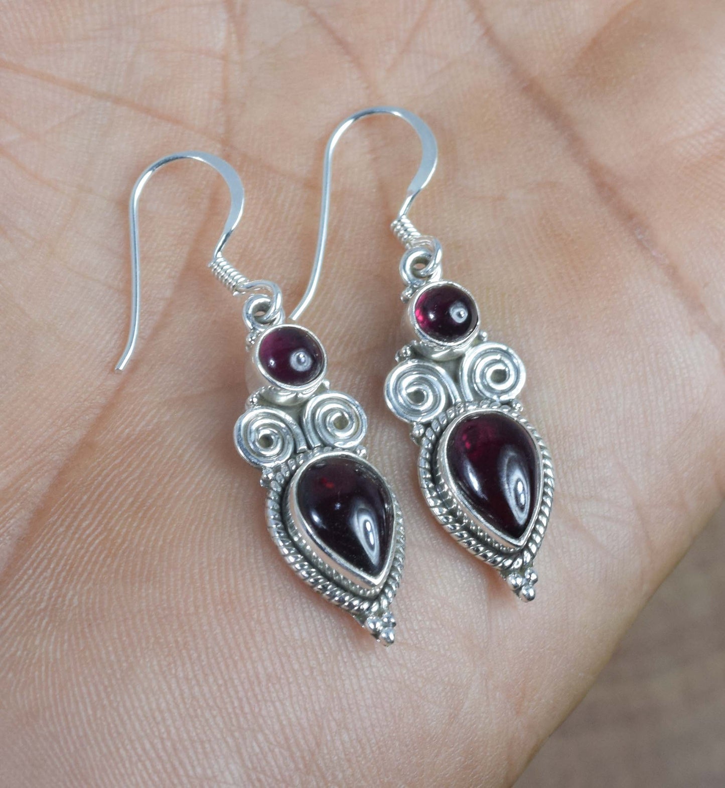 925 Solid Sterling Silver Red Garnet Hook Earring -1.5 inch