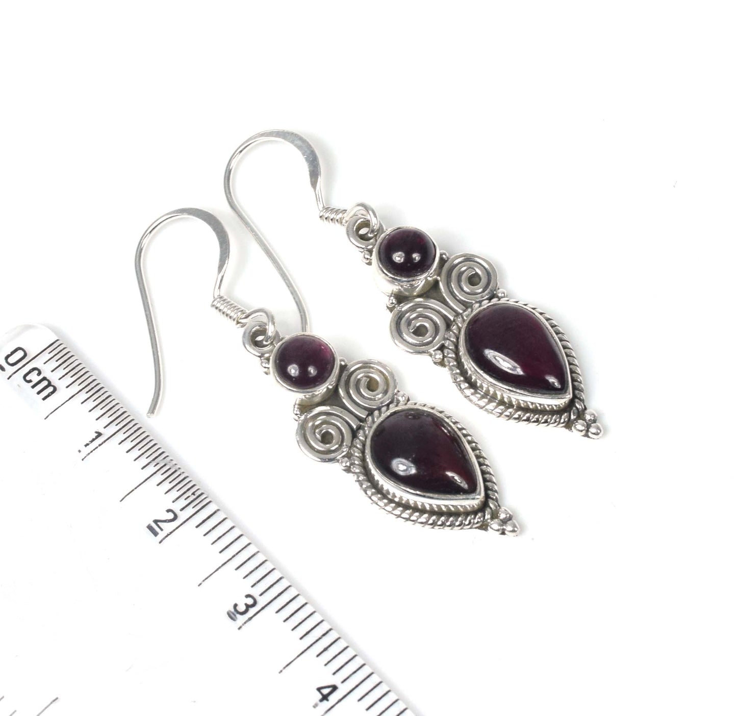 925 Solid Sterling Silver Red Garnet Hook Earring -1.5 inch