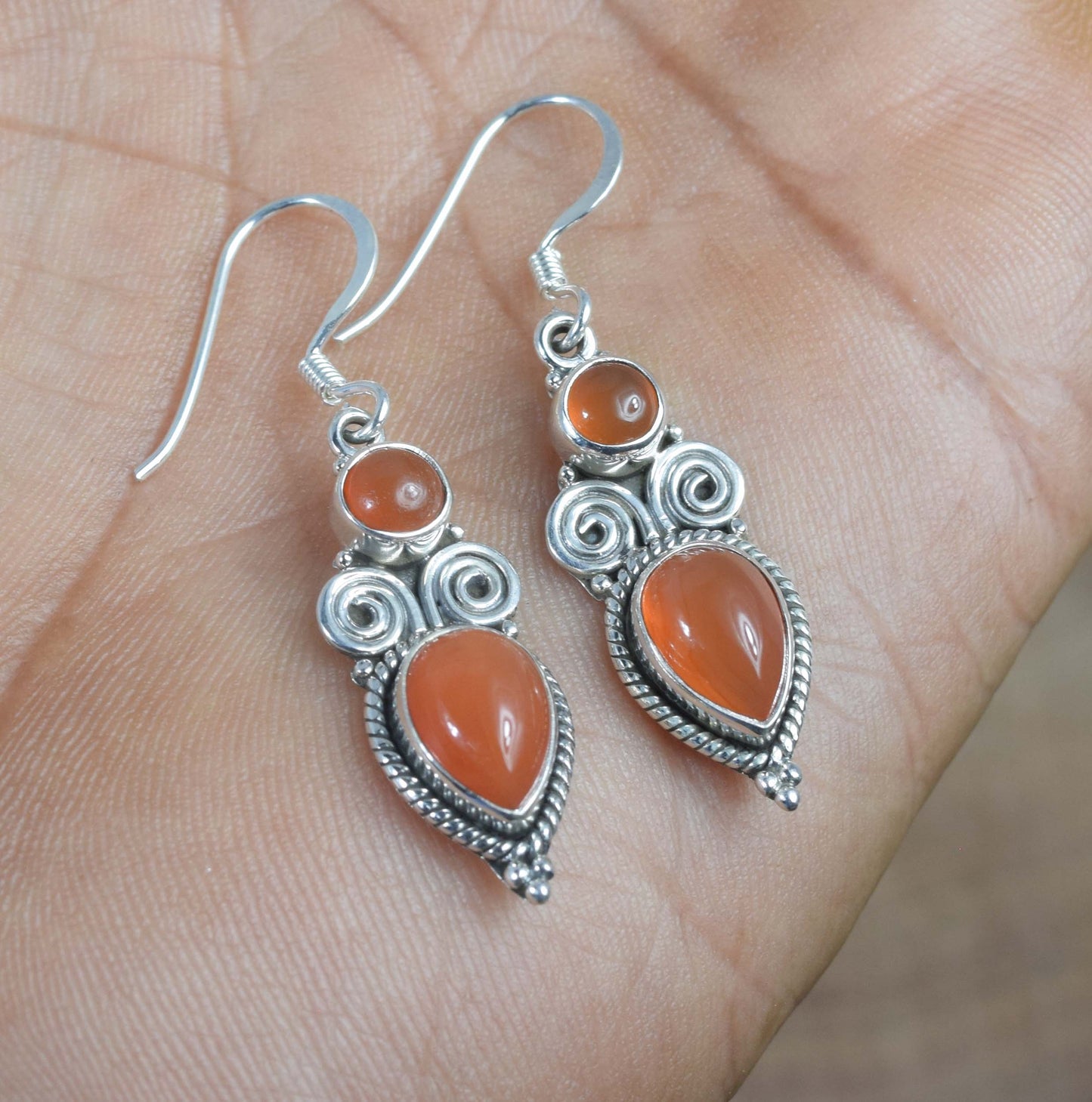 925 Solid Sterling Silver Red Carnelian Hook Earring -1.5 inch
