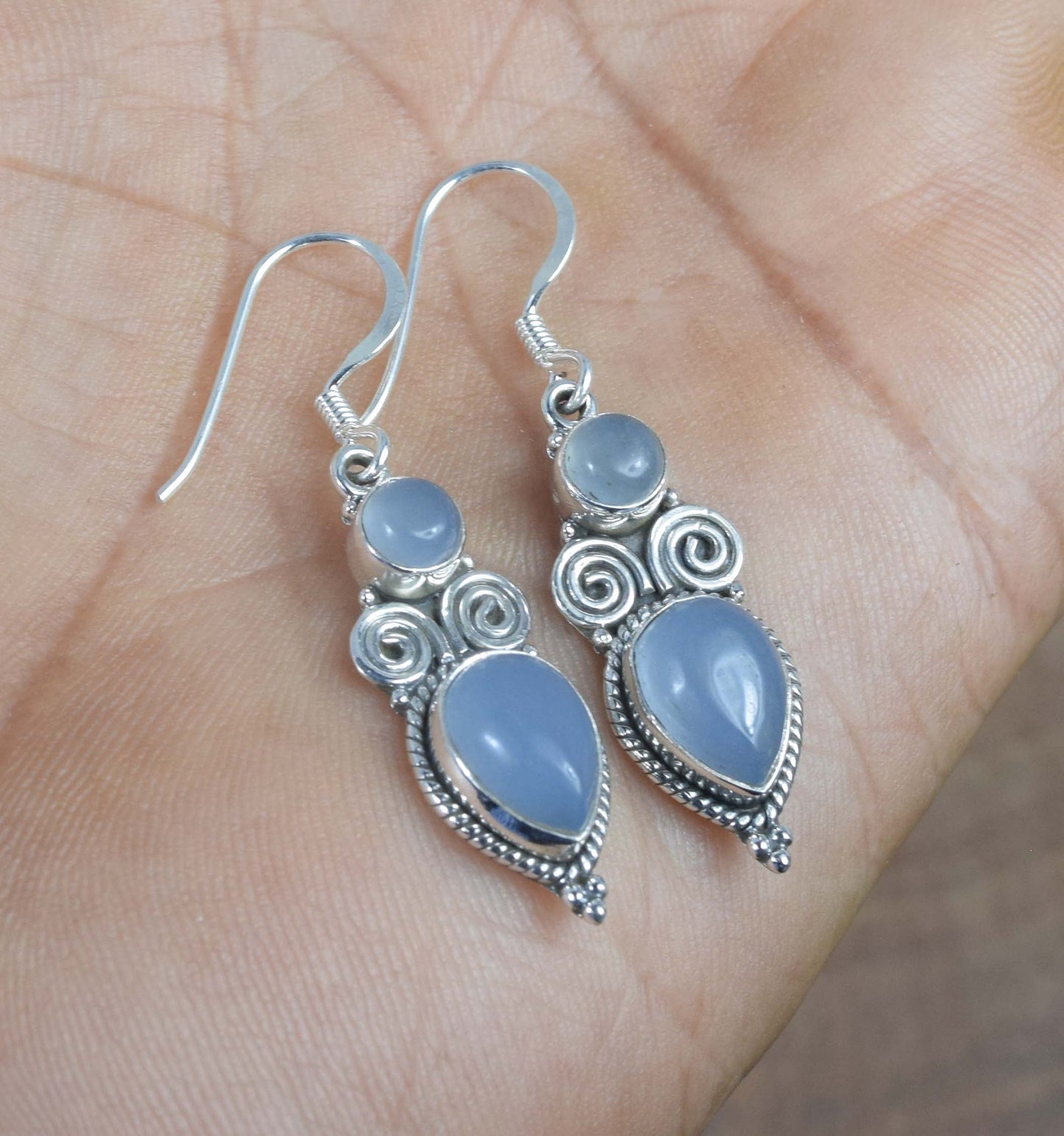 925 Solid Sterling Silver Blue Chalcedony Hook Earring -1.5 inch