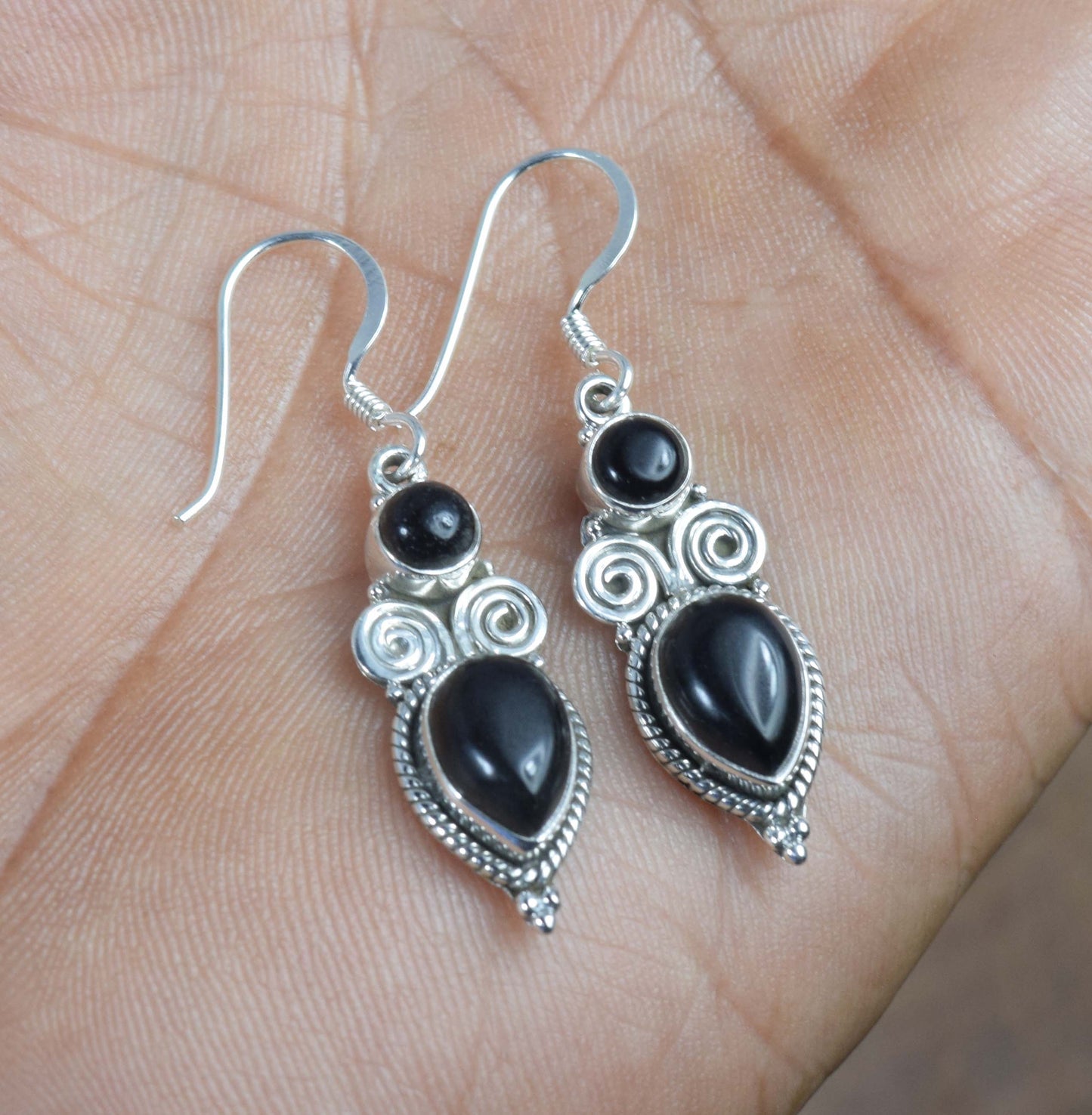 925 Solid Sterling Silver Black Onyx Hook Earring -1.5 inch