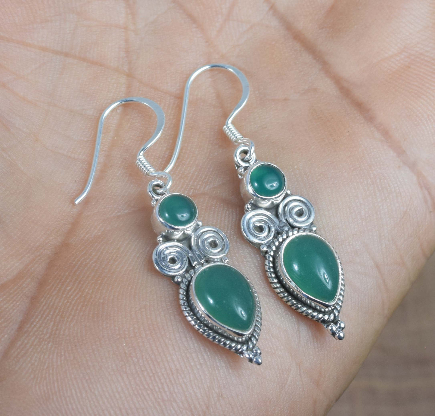 925 Solid Sterling Silver Green Onyx Hook Earring -1.5 inch