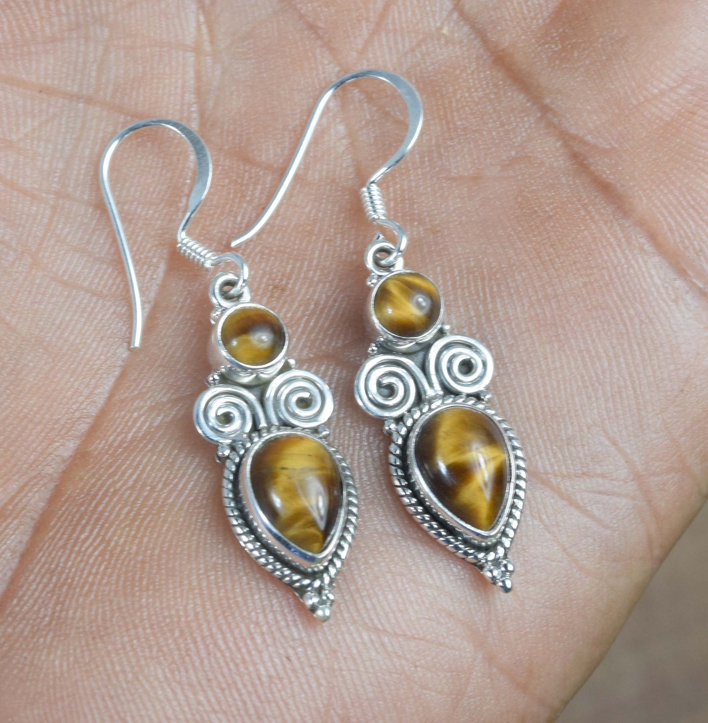 925 Solid Sterling Silver Tiger Eye Hook Earring -1.5 inch