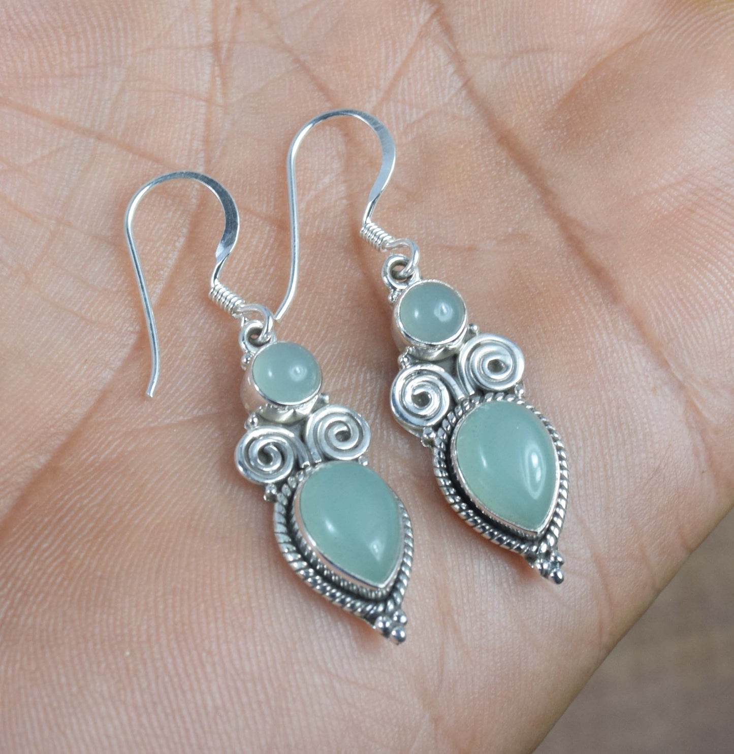 925 Solid Sterling Silver Aqua Chalcedony Hook Earring -1.5 inch