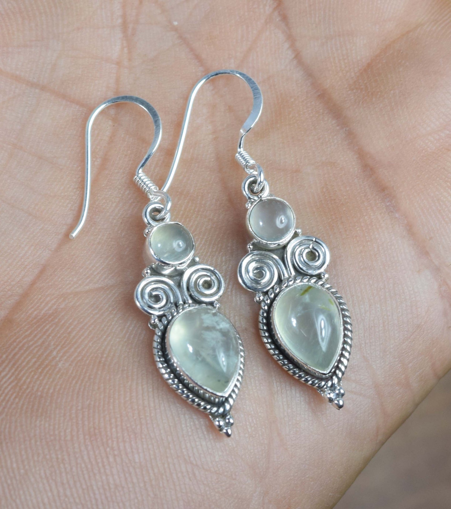 925 Solid Sterling Silver Green Prehnite Hook Earring -1.5 inch