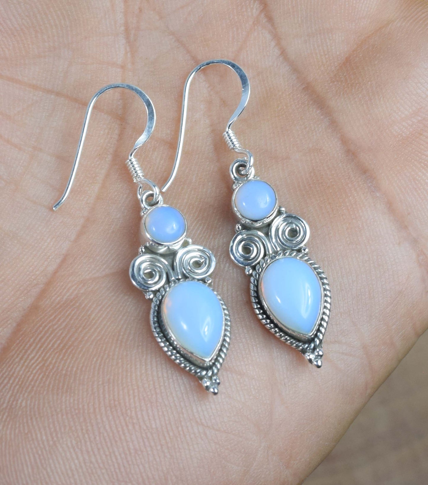 925 Solid Sterling Silver Milky Opalite Hook Earring -1.5 inch