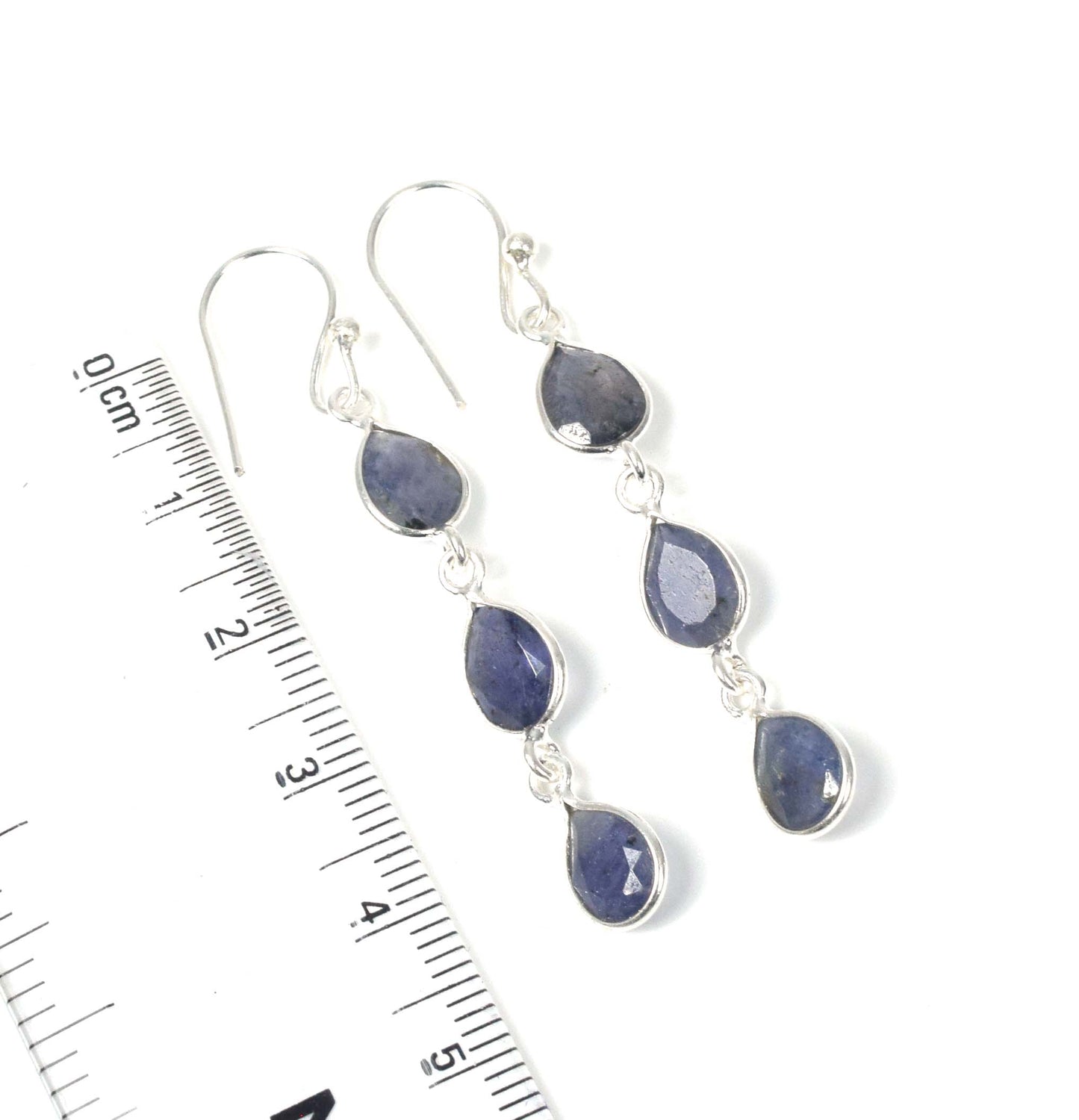 925 Solid Sterling Silver Cut Simulated Blue Sapphire Hook Earring -2 inch