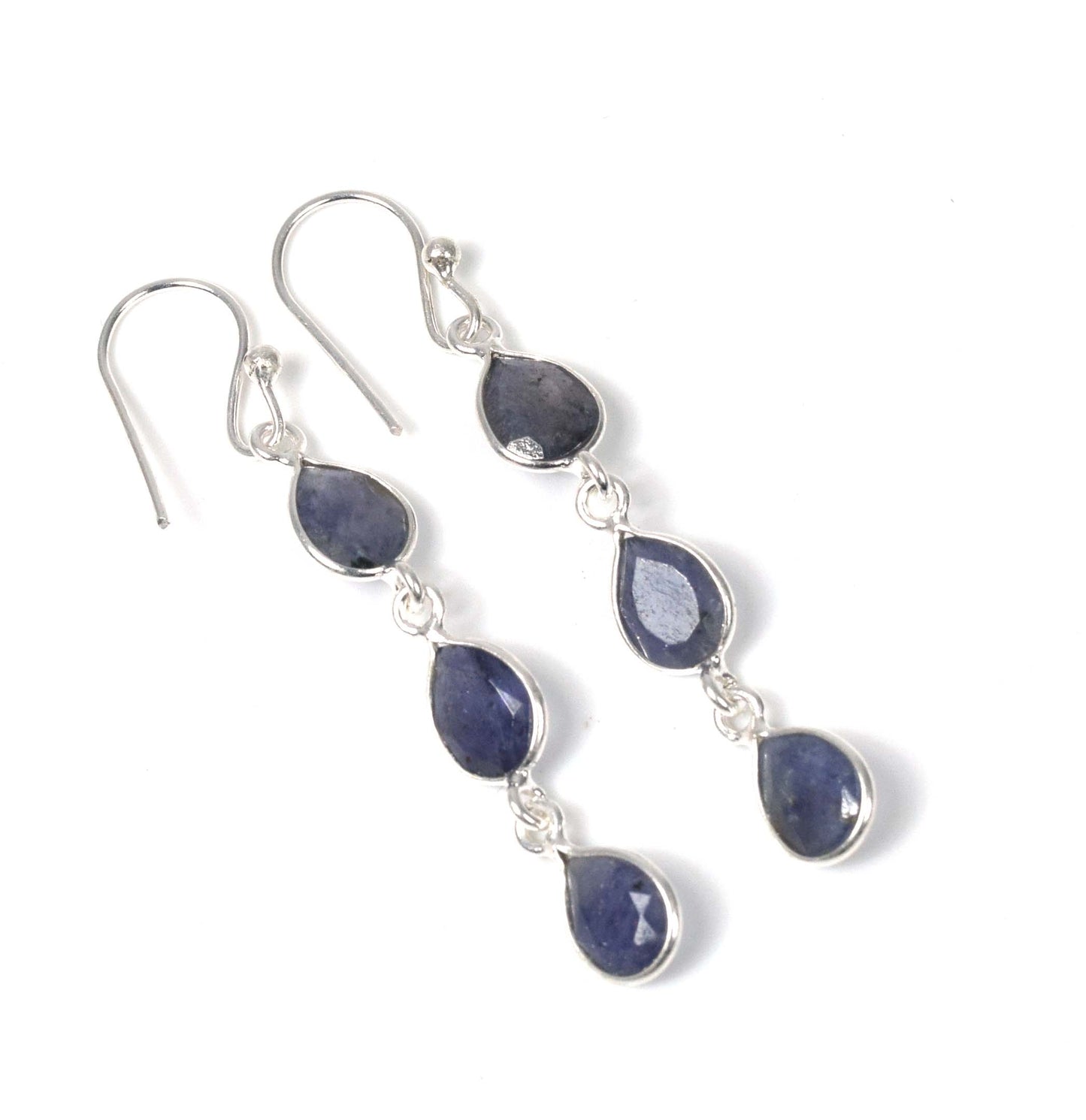 925 Solid Sterling Silver Cut Simulated Blue Sapphire Hook Earring -2 inch