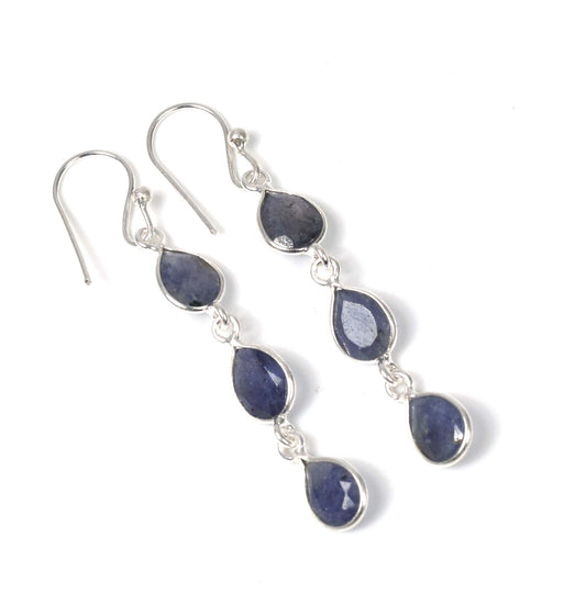 925 Solid Sterling Silver Cut Simulated Blue Sapphire Hook Earring -2 inch