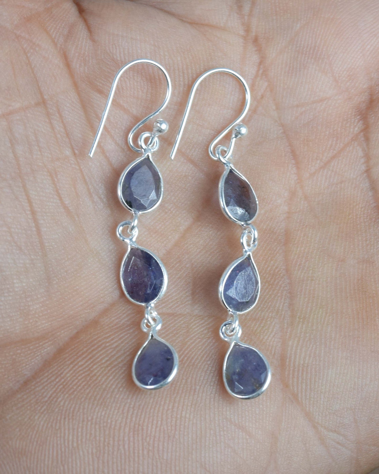 925 Solid Sterling Silver Cut Simulated Blue Sapphire Hook Earring -2 inch