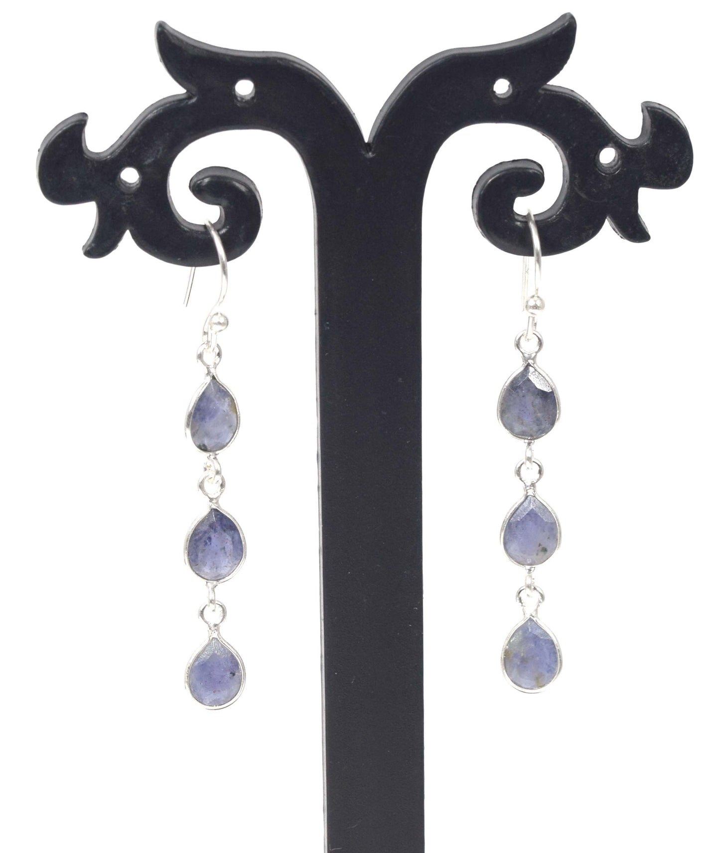 925 Solid Sterling Silver Cut Simulated Blue Sapphire Hook Earring -2 inch