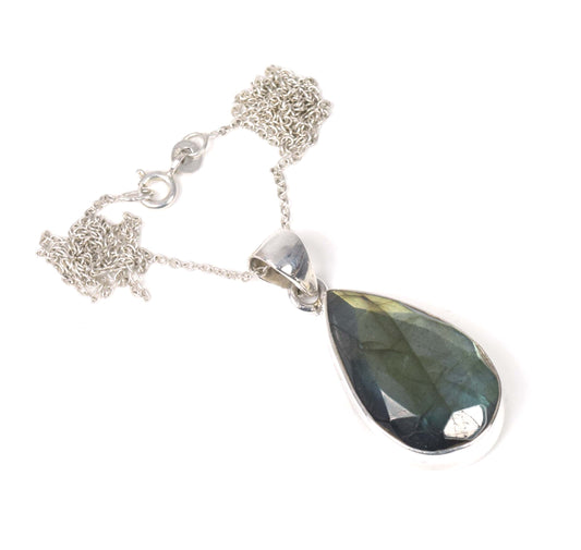 925 Solid Sterling Silver Faceted Labradorite Chain Pendant-19.2 inch